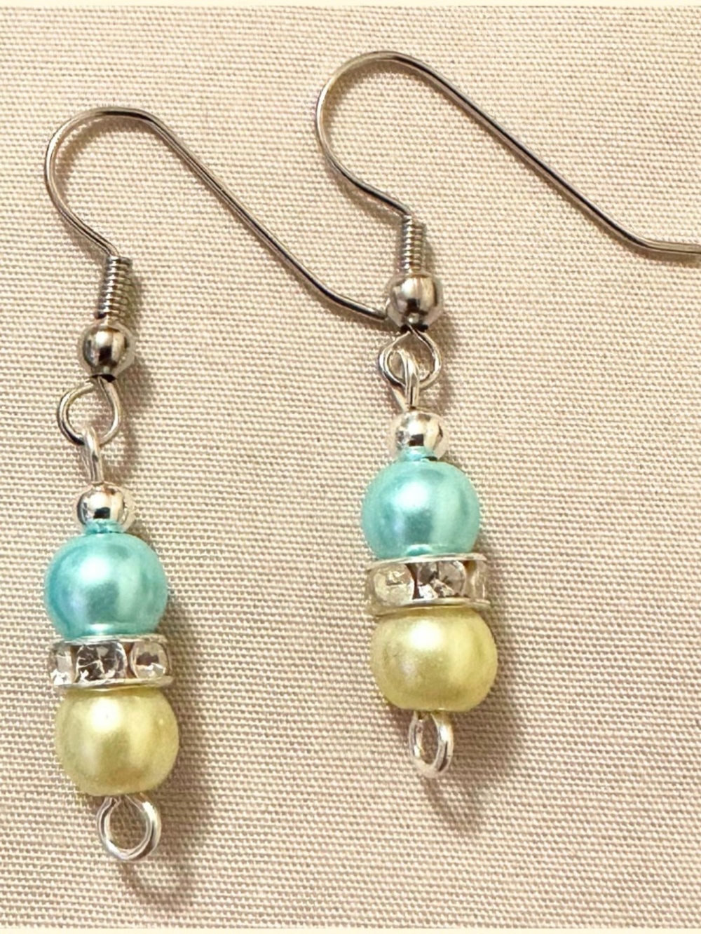Handmade Earrings Aqua Blue Cream Faux Pearl Rhinestone Crystal Dangle NWOT
